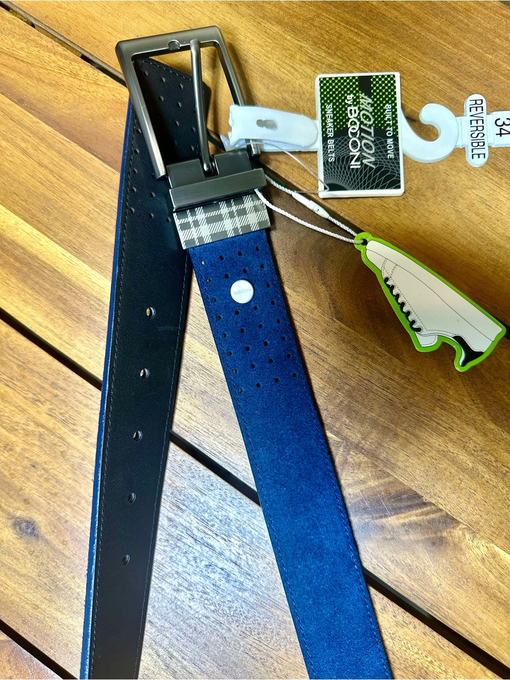 NWT Boconi Blue Suede and Black Leather Reversible Sneaker Belt Size 34